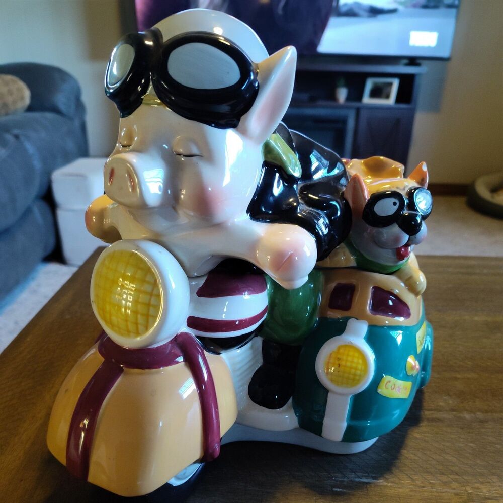 Vtg Road Hog Ceramic Cookie Jar Pig On A Motorcycle W/ Dog In Sidecar - see pics